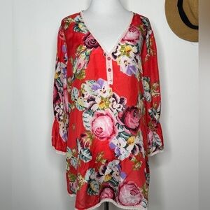 Johnny Was Red Floral 100% Silk Tunic Blouse Size L